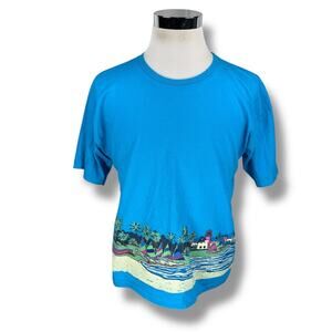 Vintage Sport T-Shirt Mens Medium Blue Tropical Palm Tree Beach Sailboat USA 90s